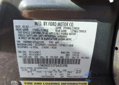 2007 Ford Freestyle Sel из США, поврежденный, VIN 1FMDK02127GA35590